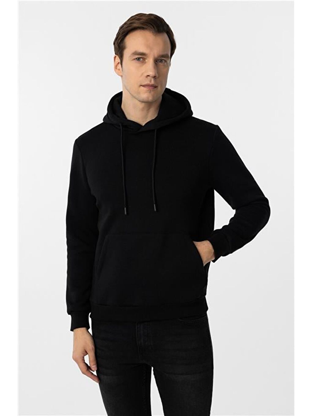 Siyah Regular Düz Kapüşonlu Yaka Triko-1