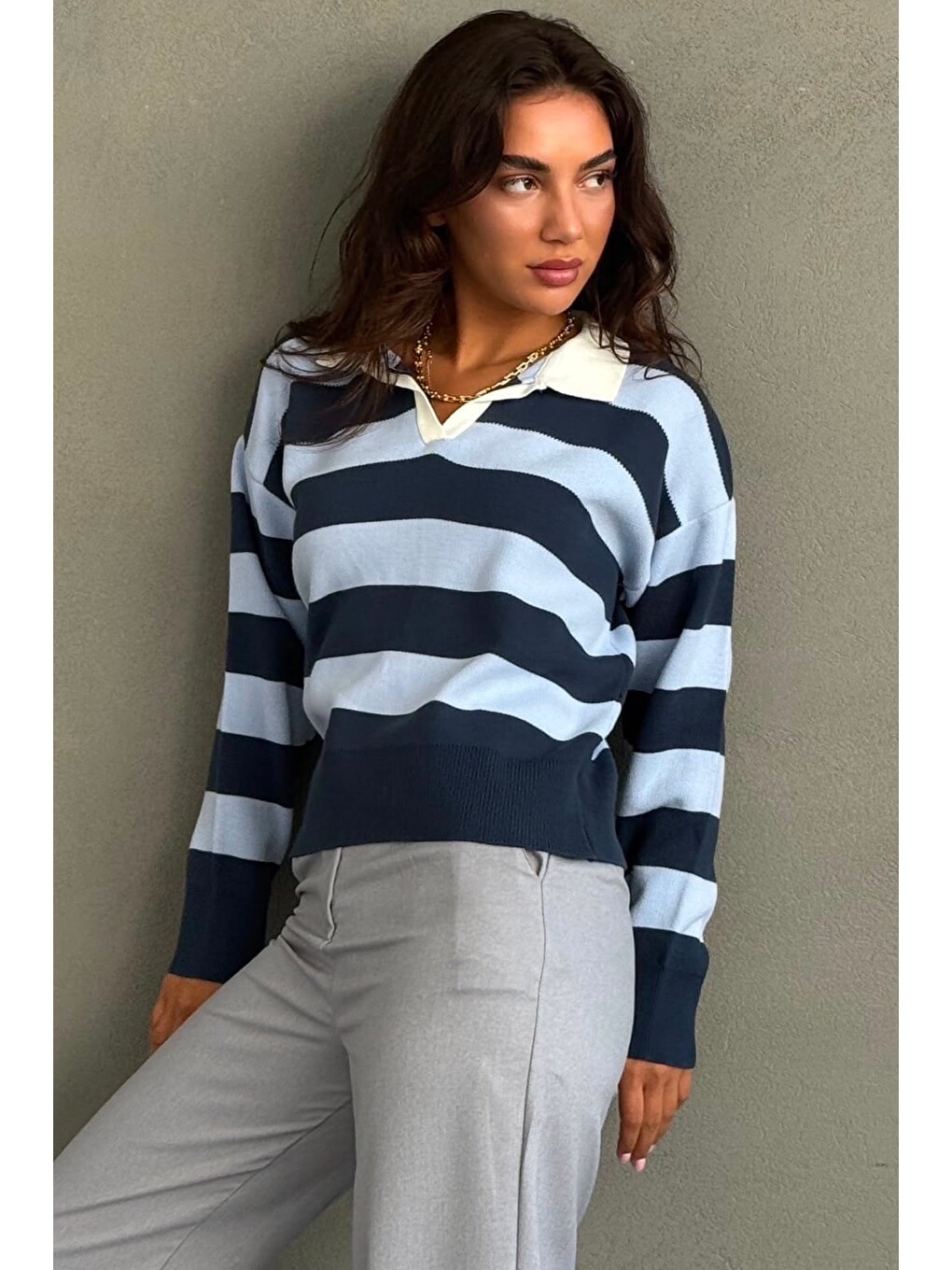 İndigo Çizgili Polo Yaka Kadın Kazak Mg2882-4