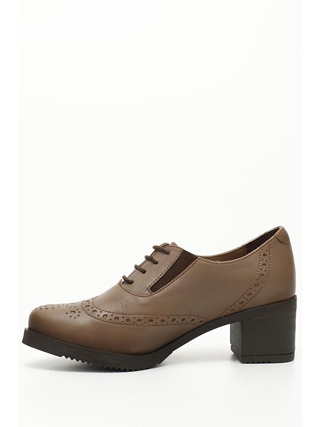 Bej VİZON  Hakiki Deri Yuvarlak Burun Orta Topuklu Kauçuk Taban Bağcıklı Kadın Ayakkabı 24231-2