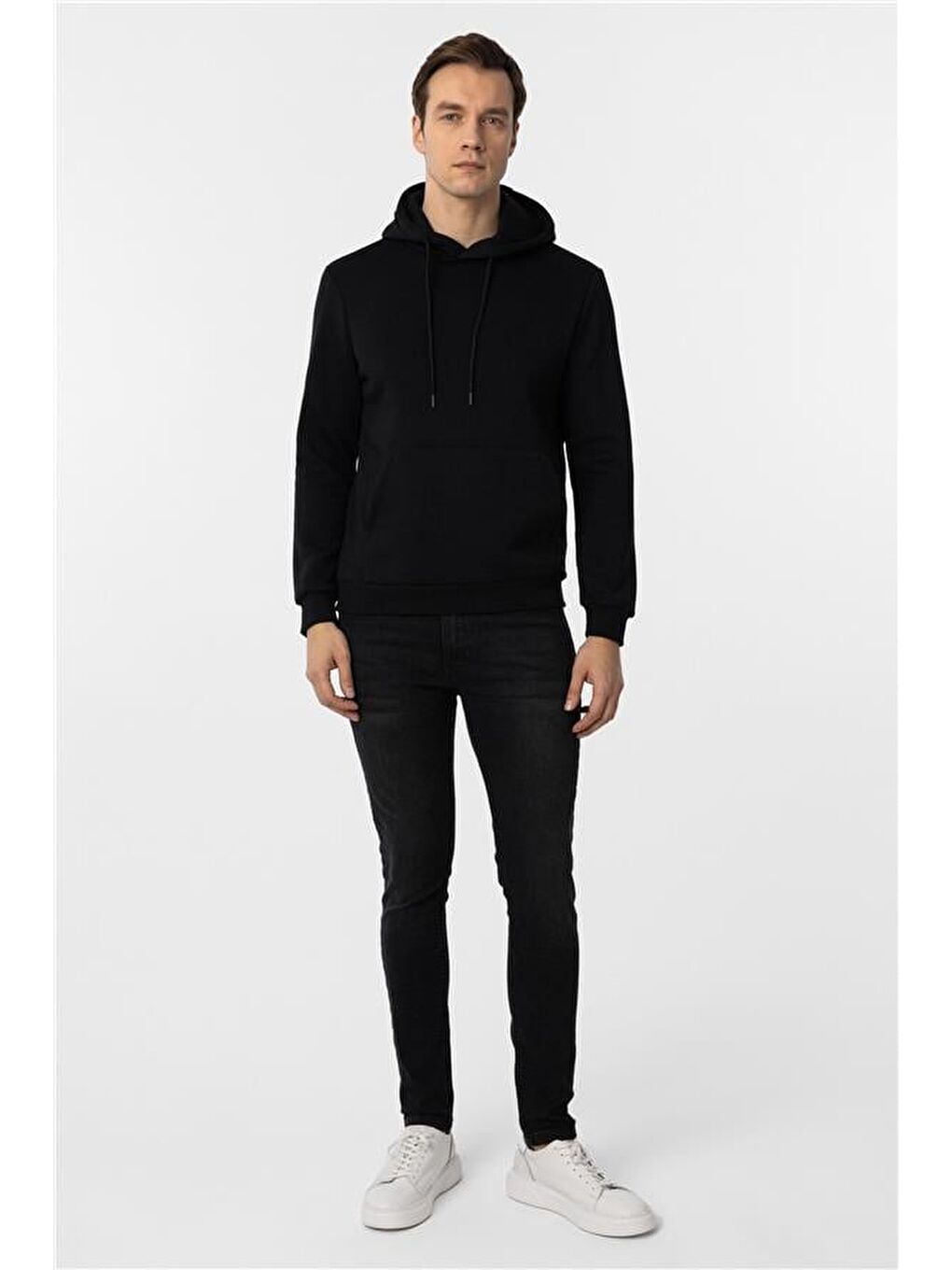 Siyah Regular Düz Kapüşonlu Yaka Triko-4