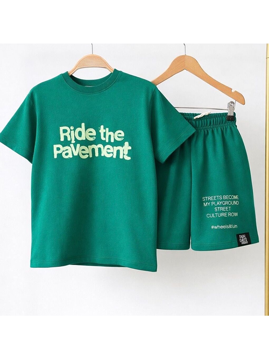 Erkek Çocuk Pamuklu Yeşil Slogan Baskılı Tişört Şort Takım-3