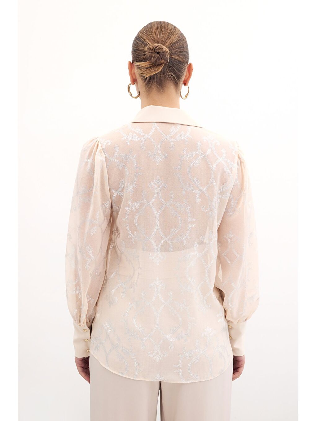 Geniş Manşetli Şifon Gömlek - Bej-5