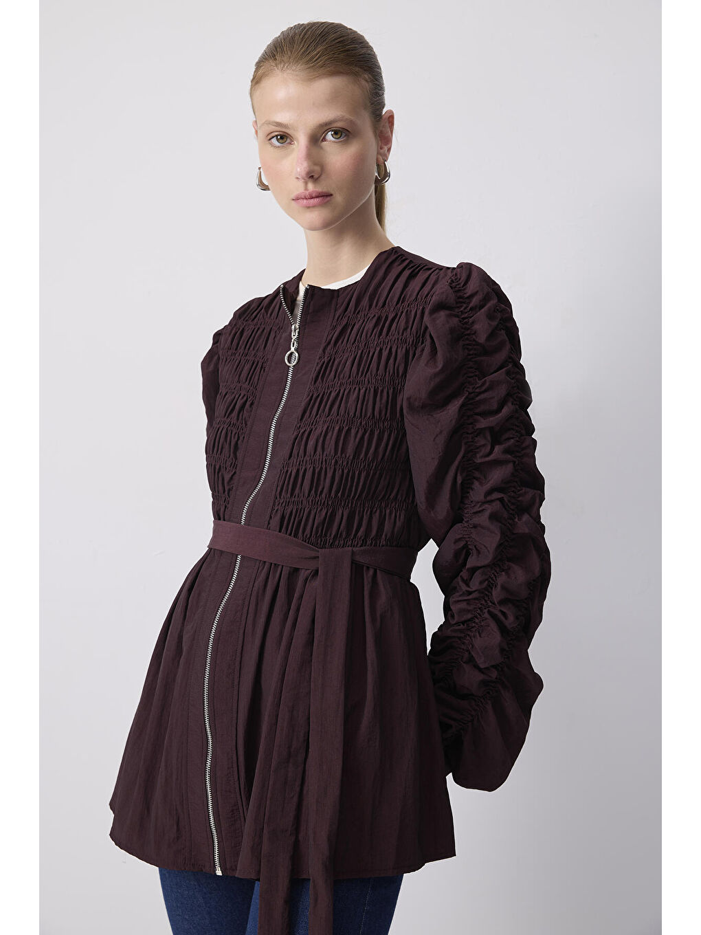 Mürdüm Büzgülü Fermuarlı Mikro Ceket-1