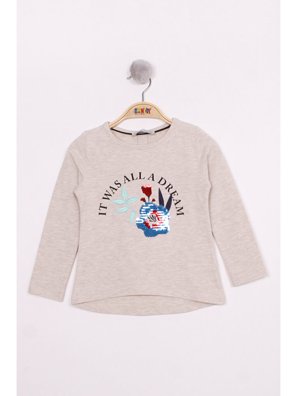 Bej Kız Çocuk Pullu Güllü Nakışlı T-Shirt