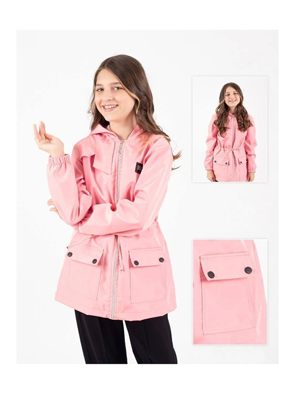 Pembe Kız Çocuk Mevsimlik Su İtici Çıtçıt Kapamalı Cepli Yağmurluk M00752-1