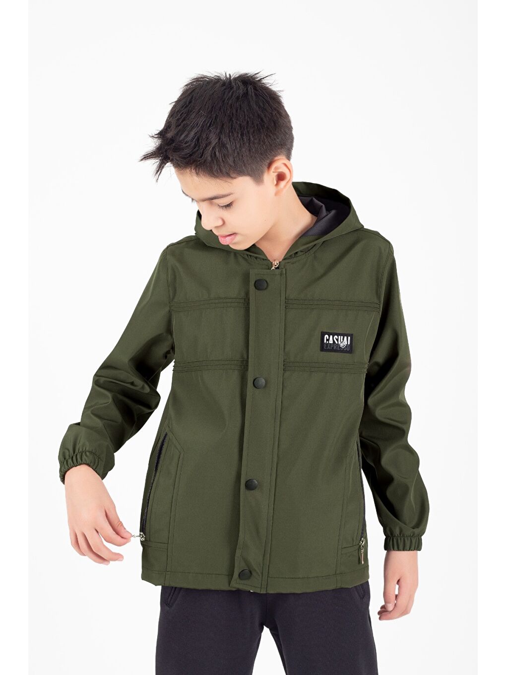 Yeşil Erkek Çocuk Mevsimlik Su İtici Çıtçıt Kapamalı Cepli Yağmurluk M00753