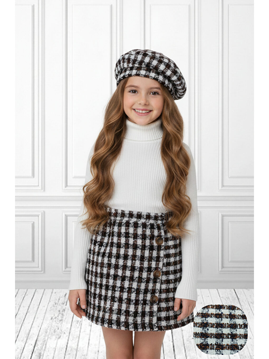 Kahverengi Kız Çocuk Ekoseli Şort Etek & Şapka Takımı 2-8 Yaş 12310-1