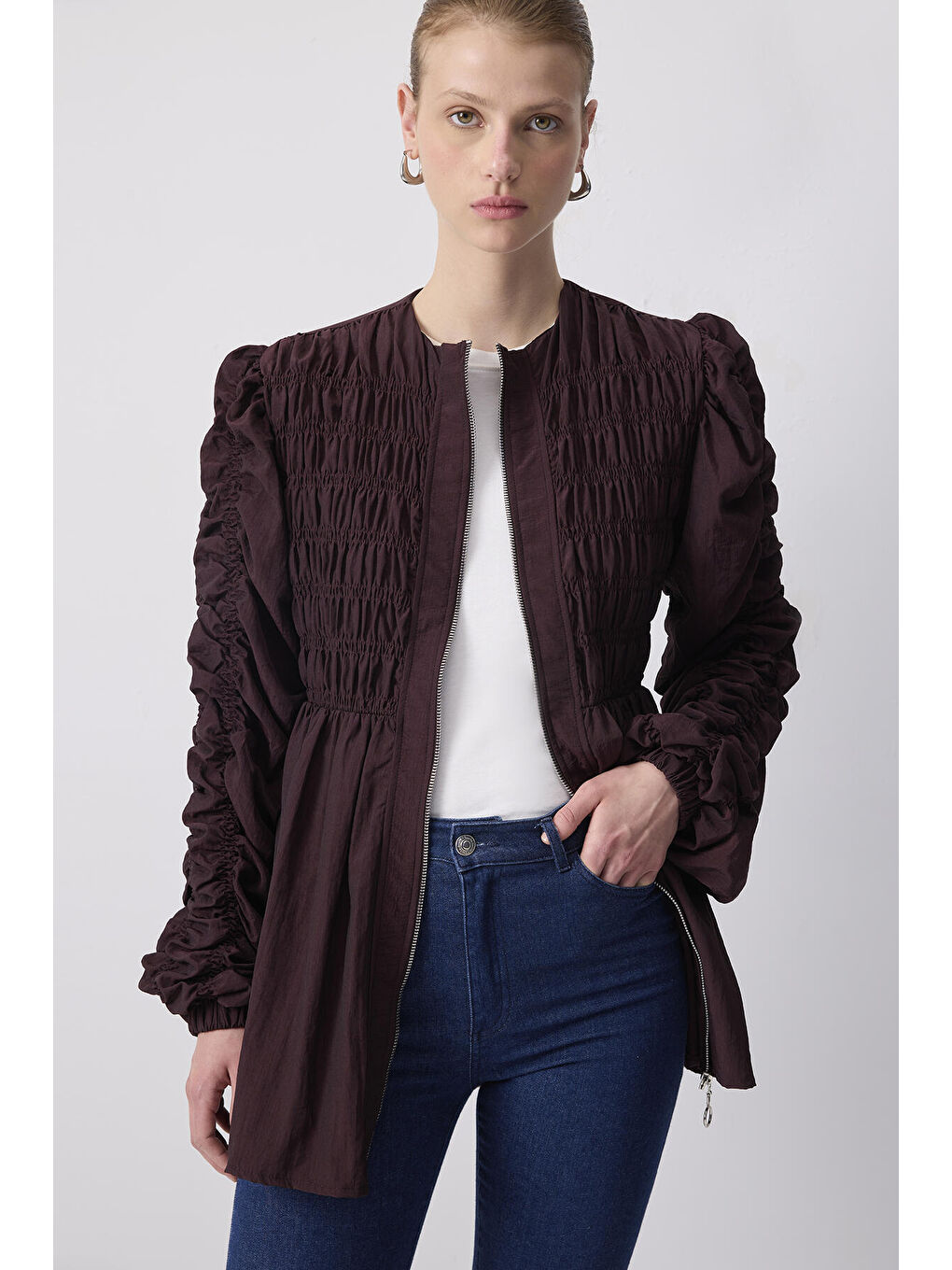 Mürdüm Büzgülü Fermuarlı Mikro Ceket-2