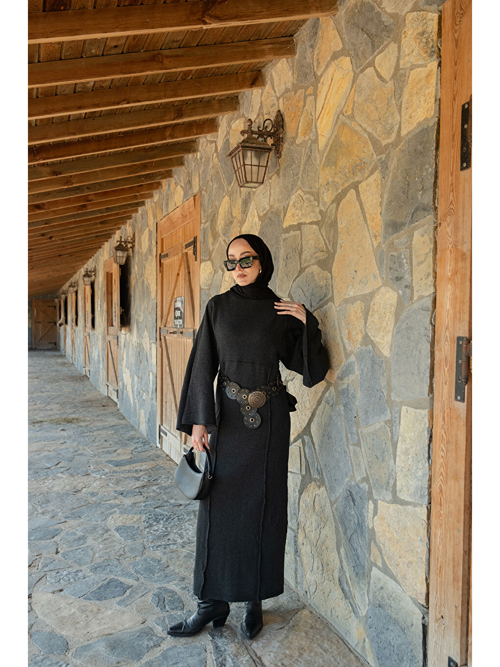 Kadın Kendinden Desenli Kraş Elbise Antrasit-2