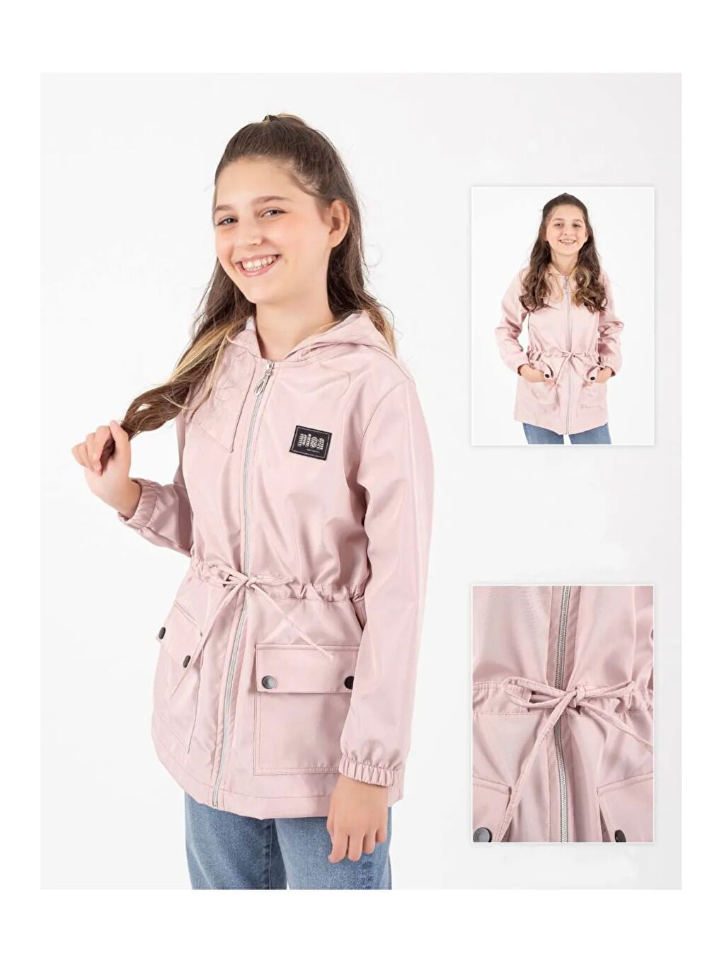 Pembe Kız Çocuk Mevsimlik Su İtici Çıtçıt Kapamalı Cepli Yağmurluk M00752-1