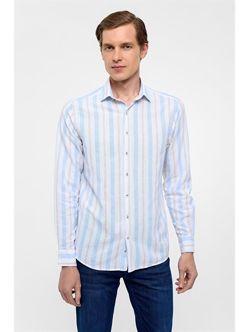Buz Mavi Slim Düz Klasik Yaka Gömlek-1