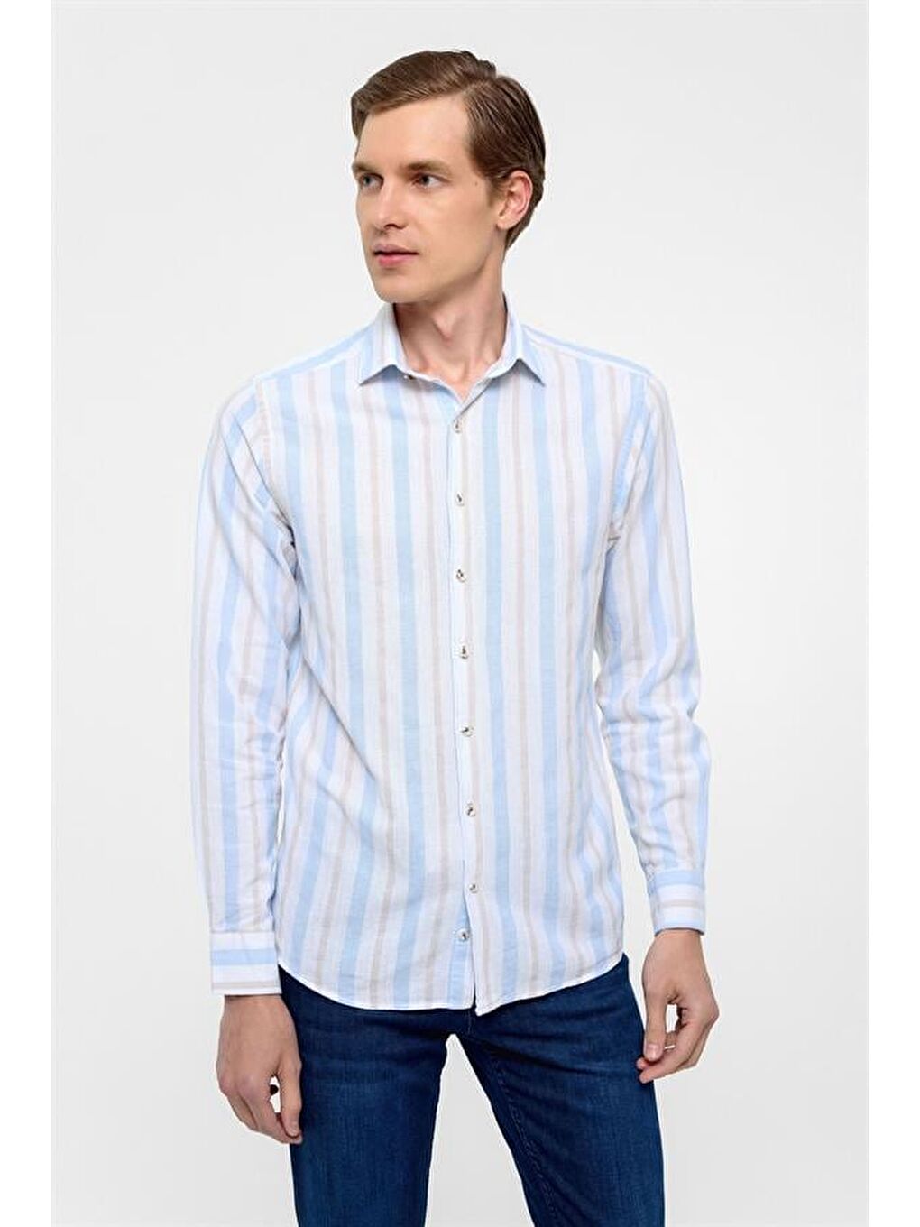 Buz Mavi Slim Düz Klasik Yaka Gömlek-2