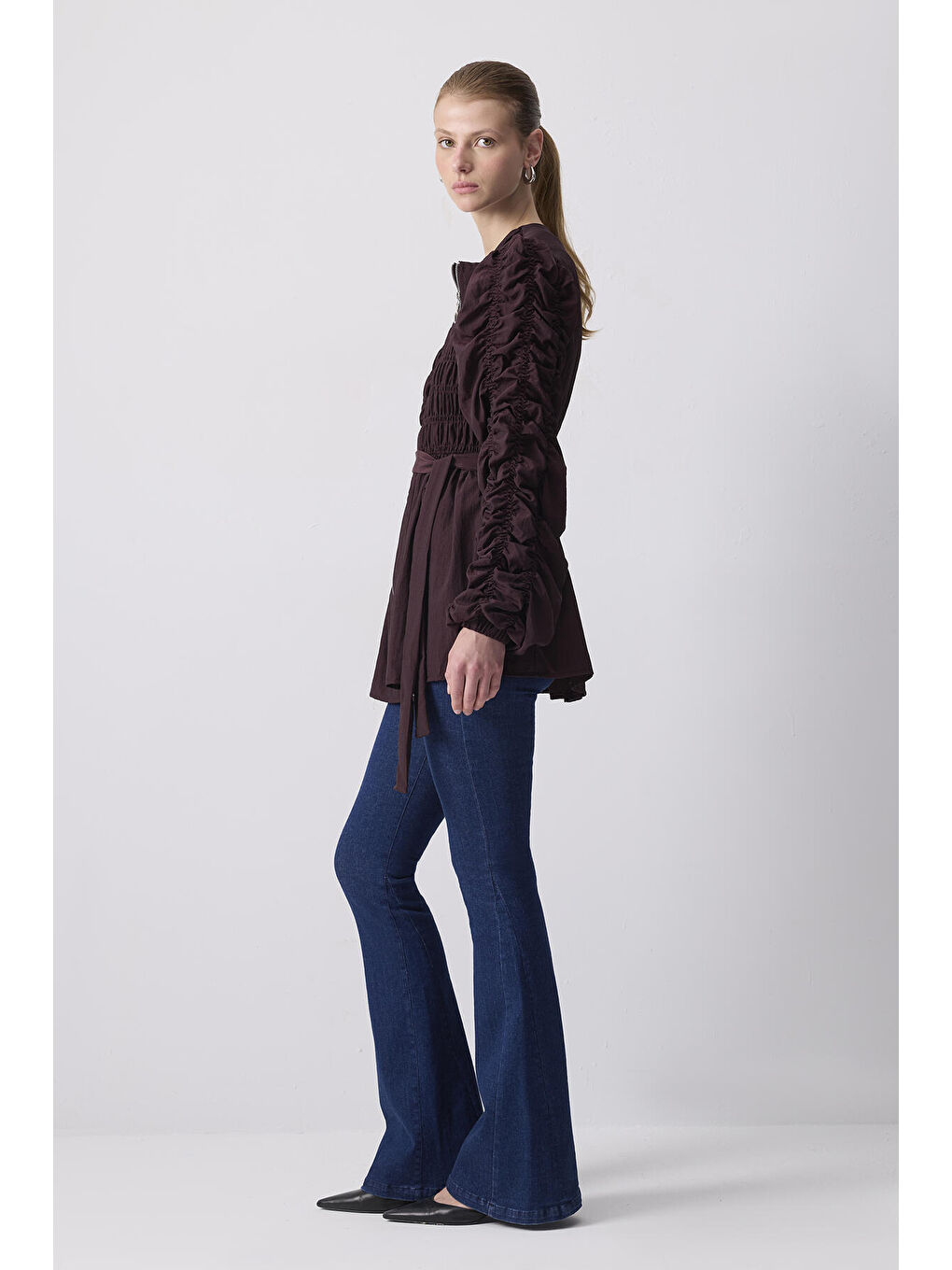 Mürdüm Büzgülü Fermuarlı Mikro Ceket-3