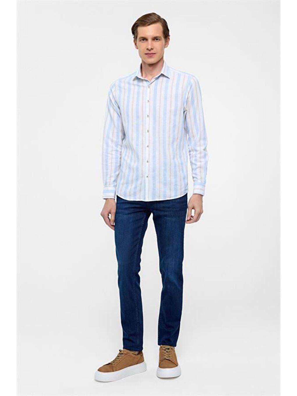 Buz Mavi Slim Düz Klasik Yaka Gömlek-6