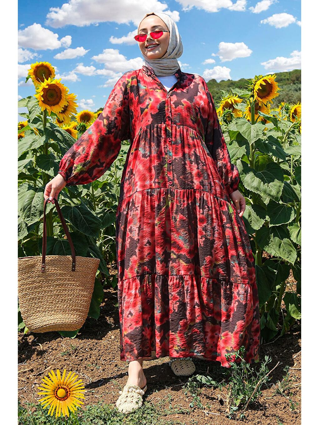 Bulut Desen Elbise Bordo