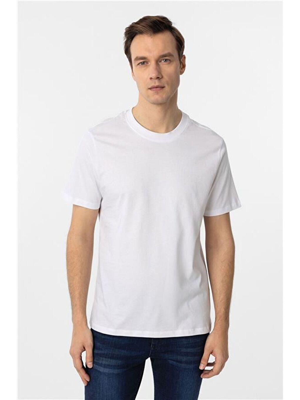 Beyaz Regular Düz Bisiklet Yaka Tişört-1