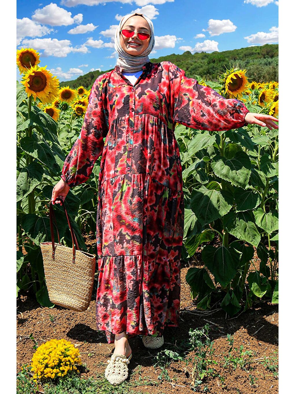 Bulut Desen Elbise Bordo-1