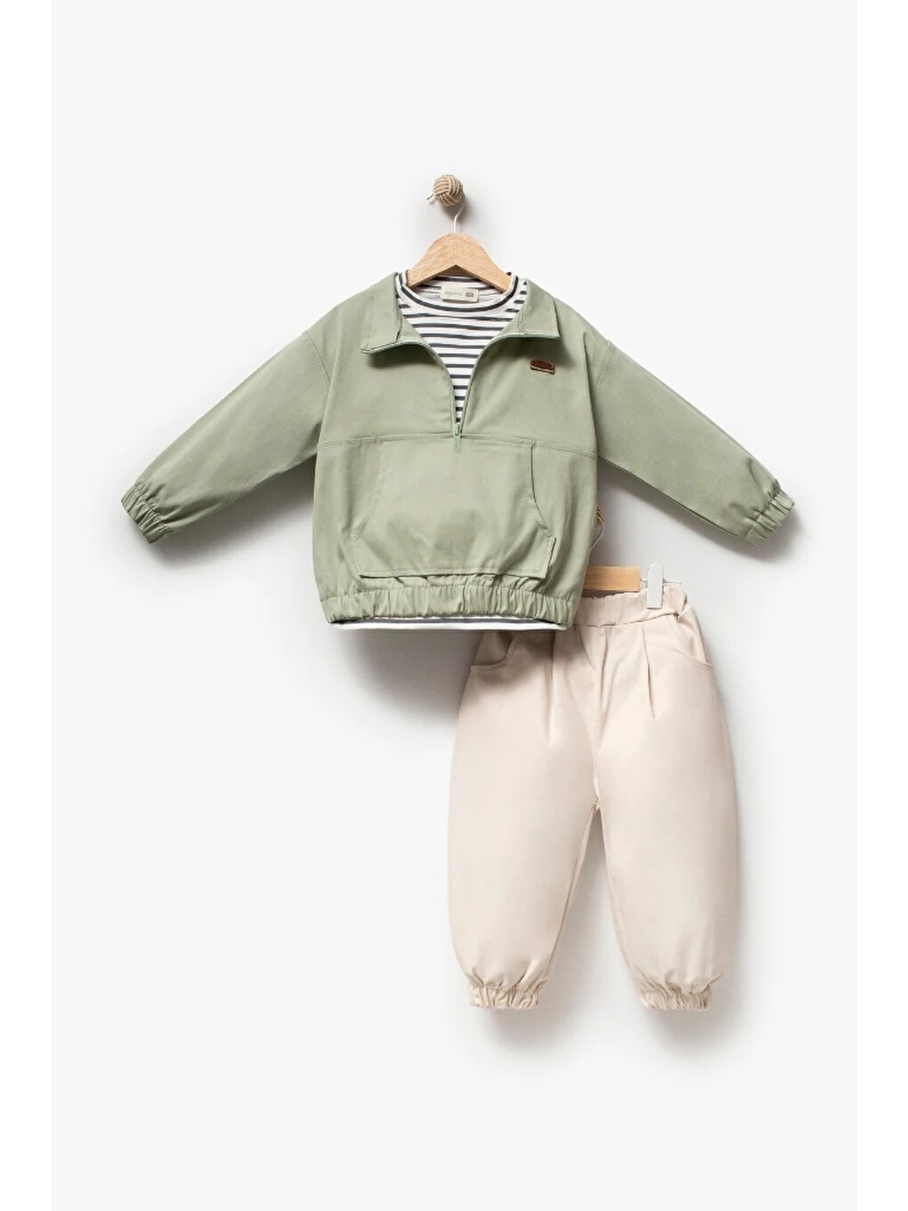 Yeşil Erkek Çocuk Yarım Fermuarlı Sweatshirt, Çizgili Tişört Ve Jogger Pantolon 3’lü Takım 9112-6