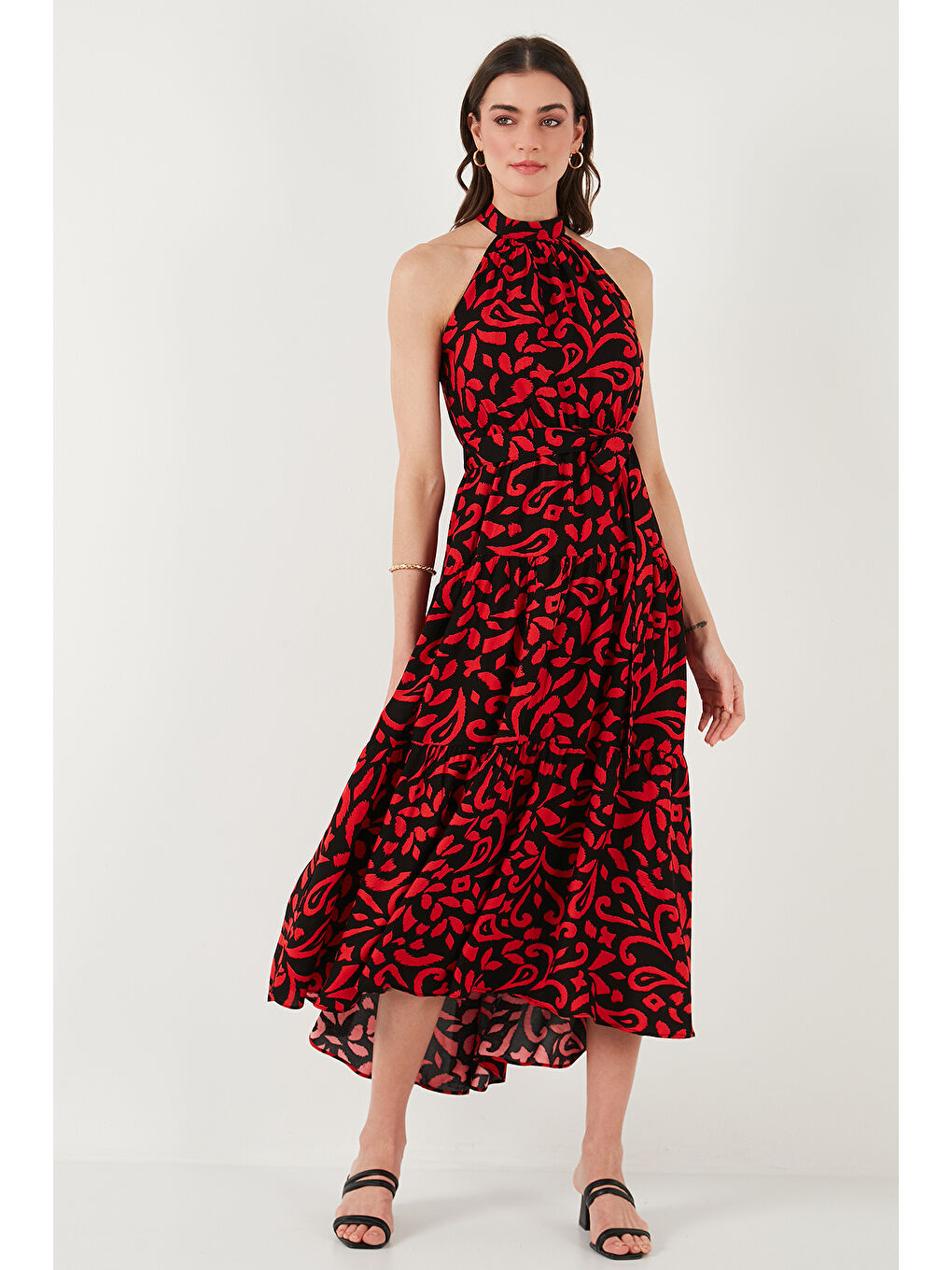 Siyah Desenli Regular Fit Halter Yaka Kemerli Midi Boy Kadın Elbise 6772030-5