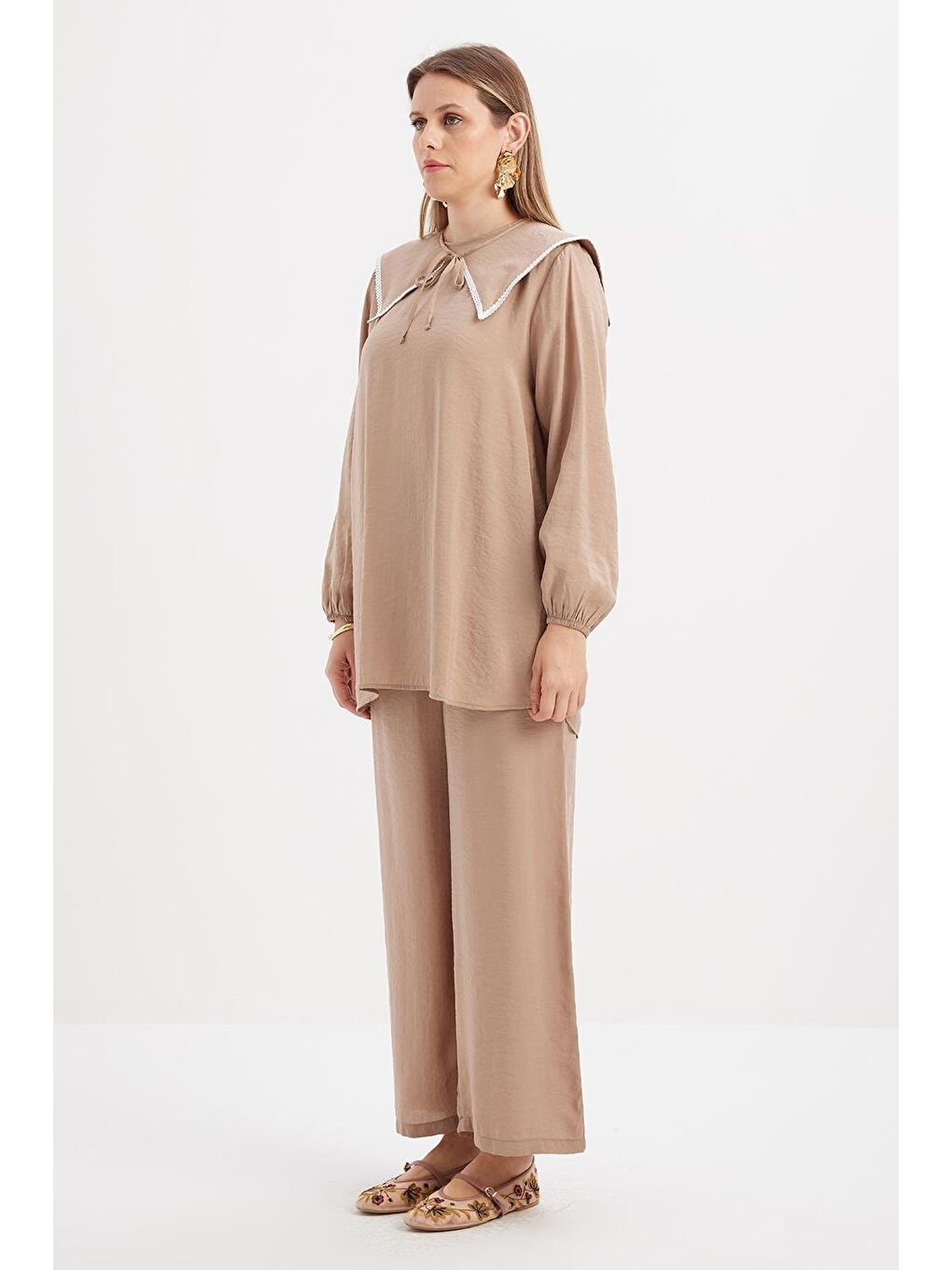 Bej Vizon-Seyyar Yakalı Kolu Lastikli Modal Tunik-3