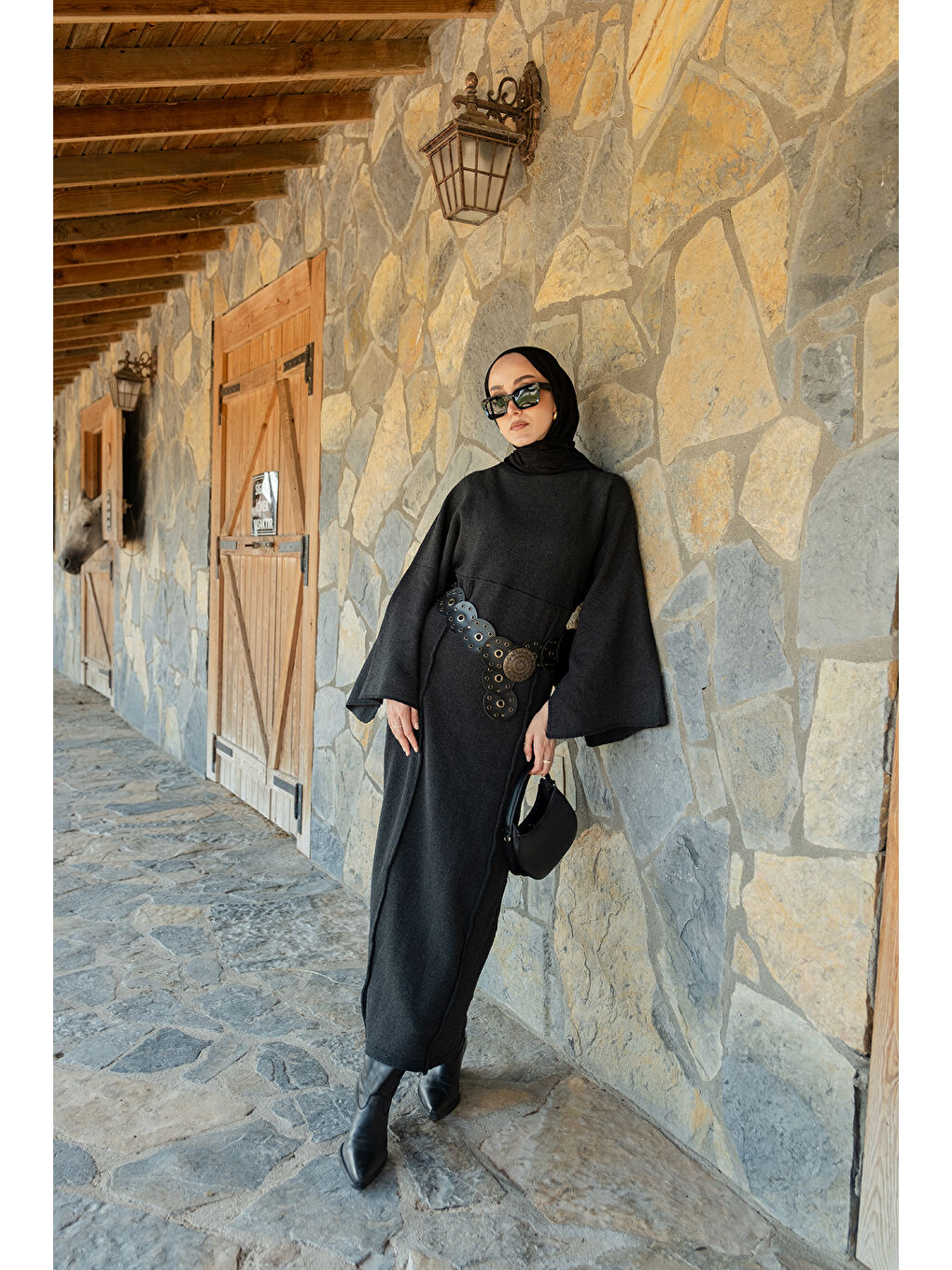 Kadın Kendinden Desenli Kraş Elbise Antrasit-3