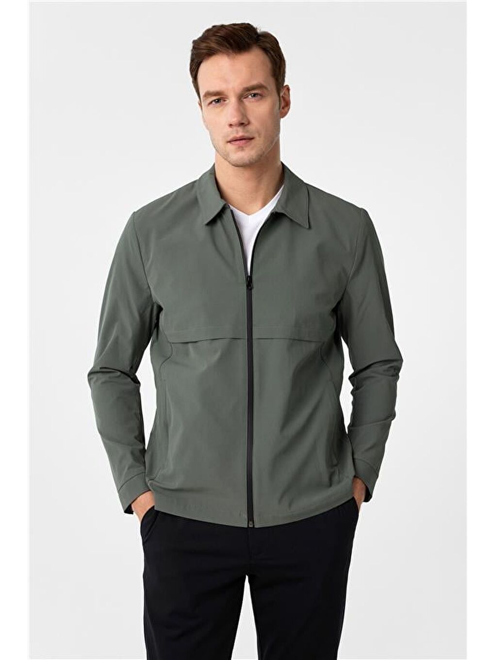 Koyu Haki Slim Düz Dik Yaka Mont-2