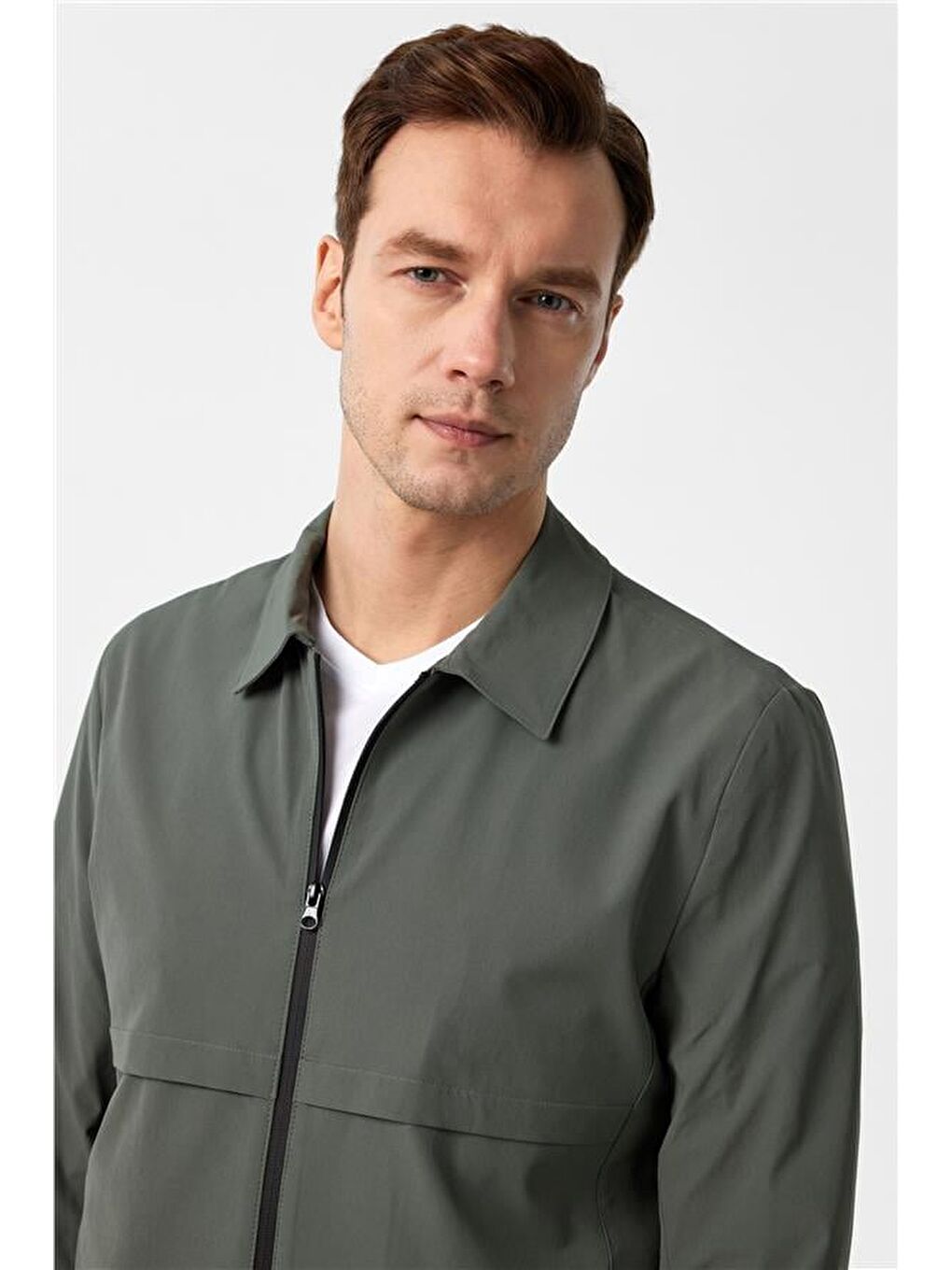 Koyu Haki Slim Düz Dik Yaka Mont-3