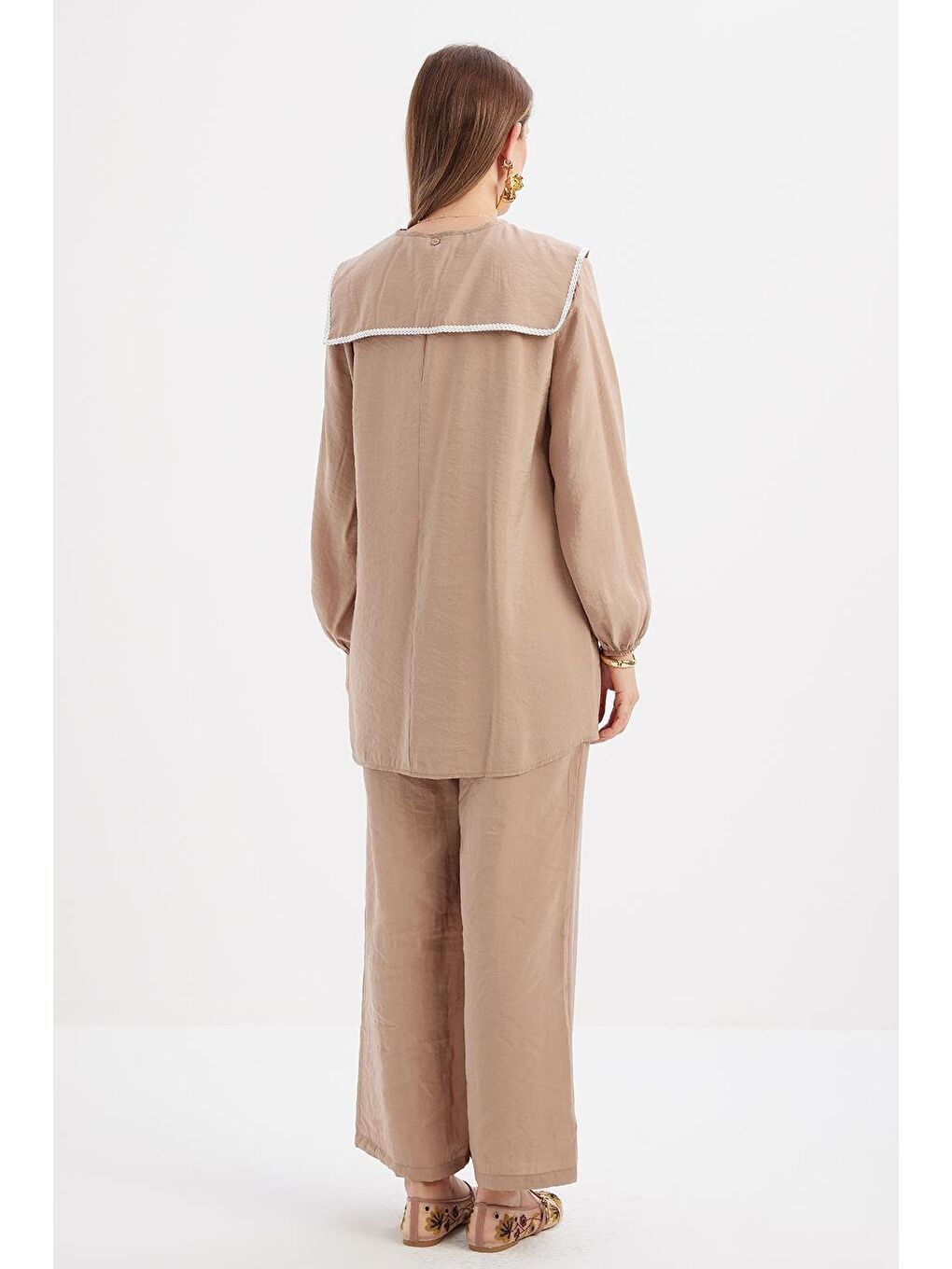 Bej Vizon-Seyyar Yakalı Kolu Lastikli Modal Tunik-4