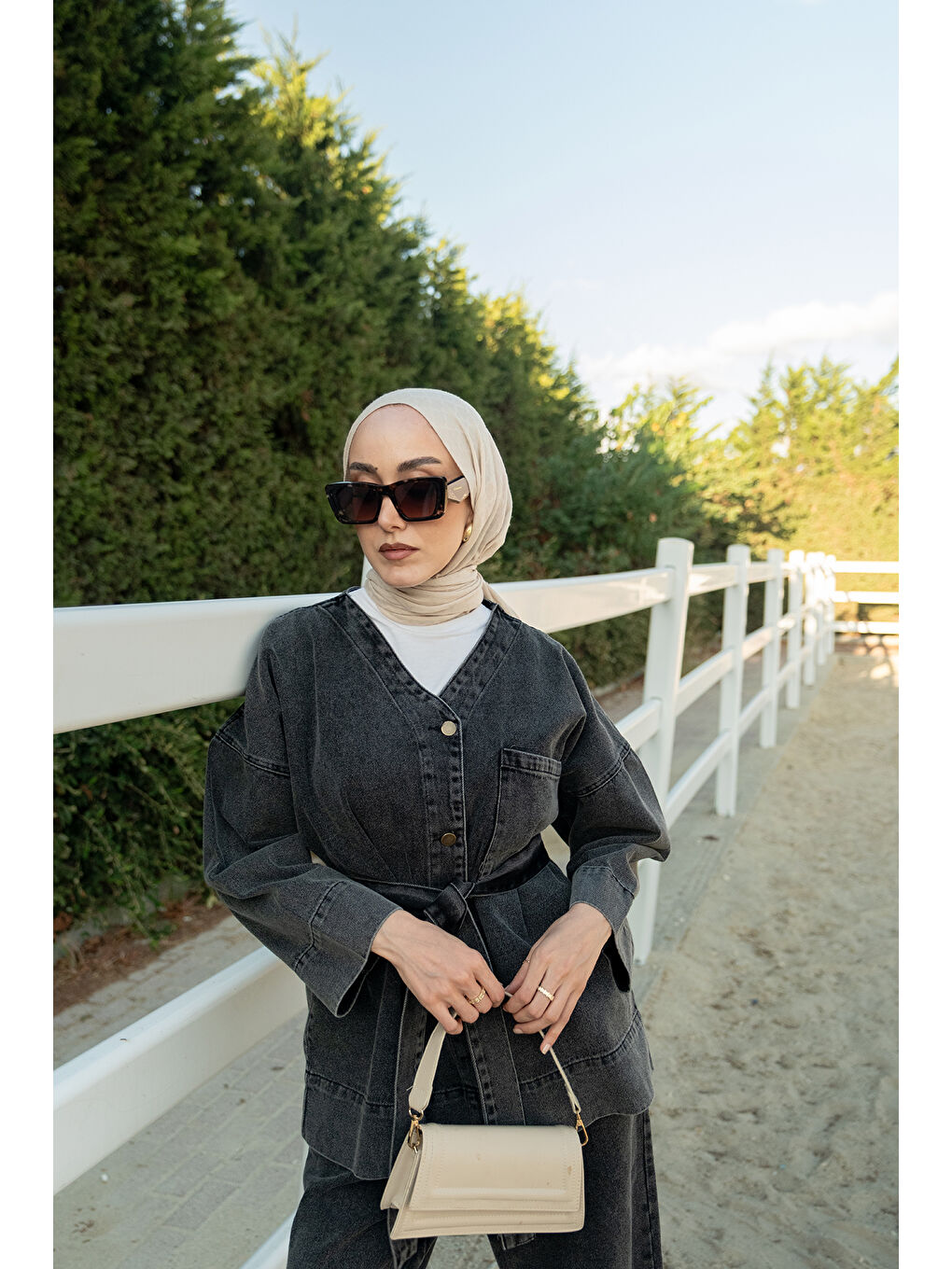 Gri Kadın Kemerli Jean Takım Füme-4