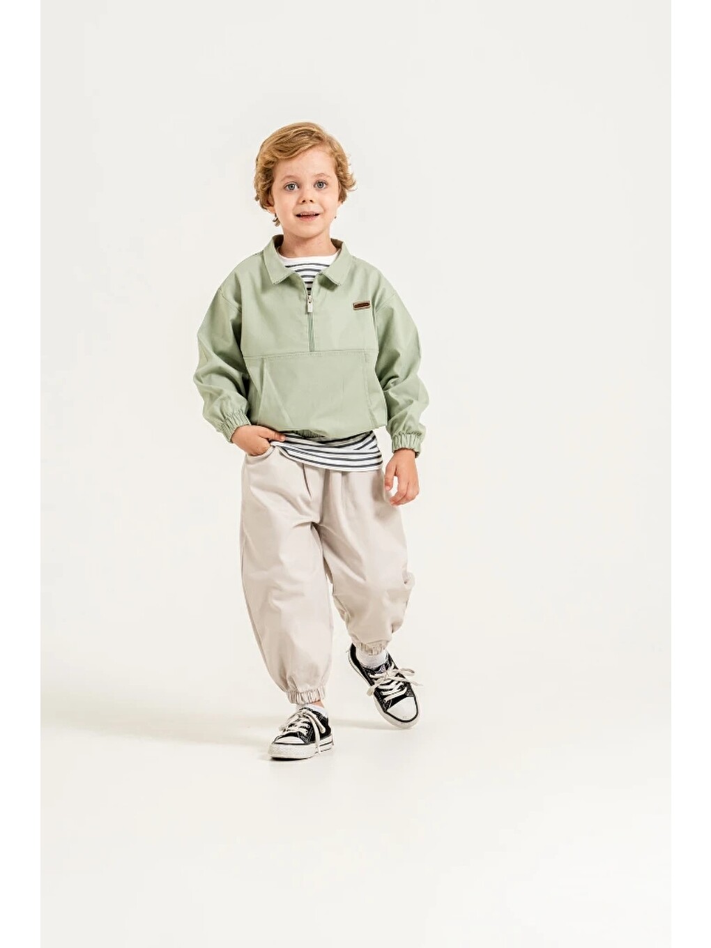 Yeşil Erkek Çocuk Yarım Fermuarlı Sweatshirt, Çizgili Tişört Ve Jogger Pantolon 3’lü Takım 9112-3