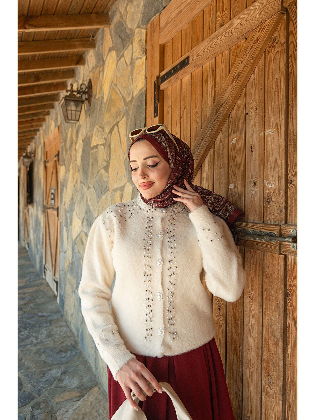 Kadın Taş Detay Triko Ceket Bej