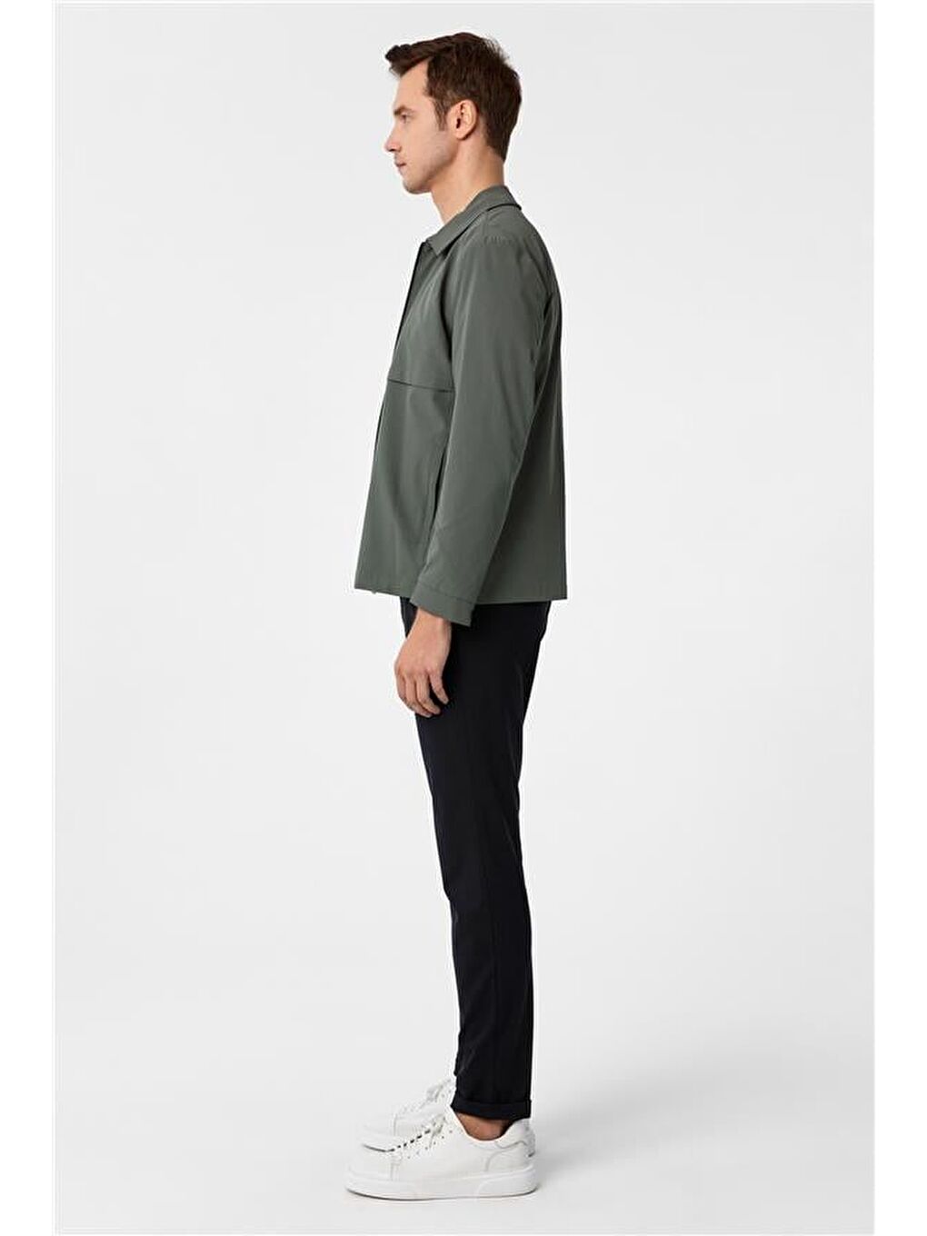 Koyu Haki Slim Düz Dik Yaka Mont-6