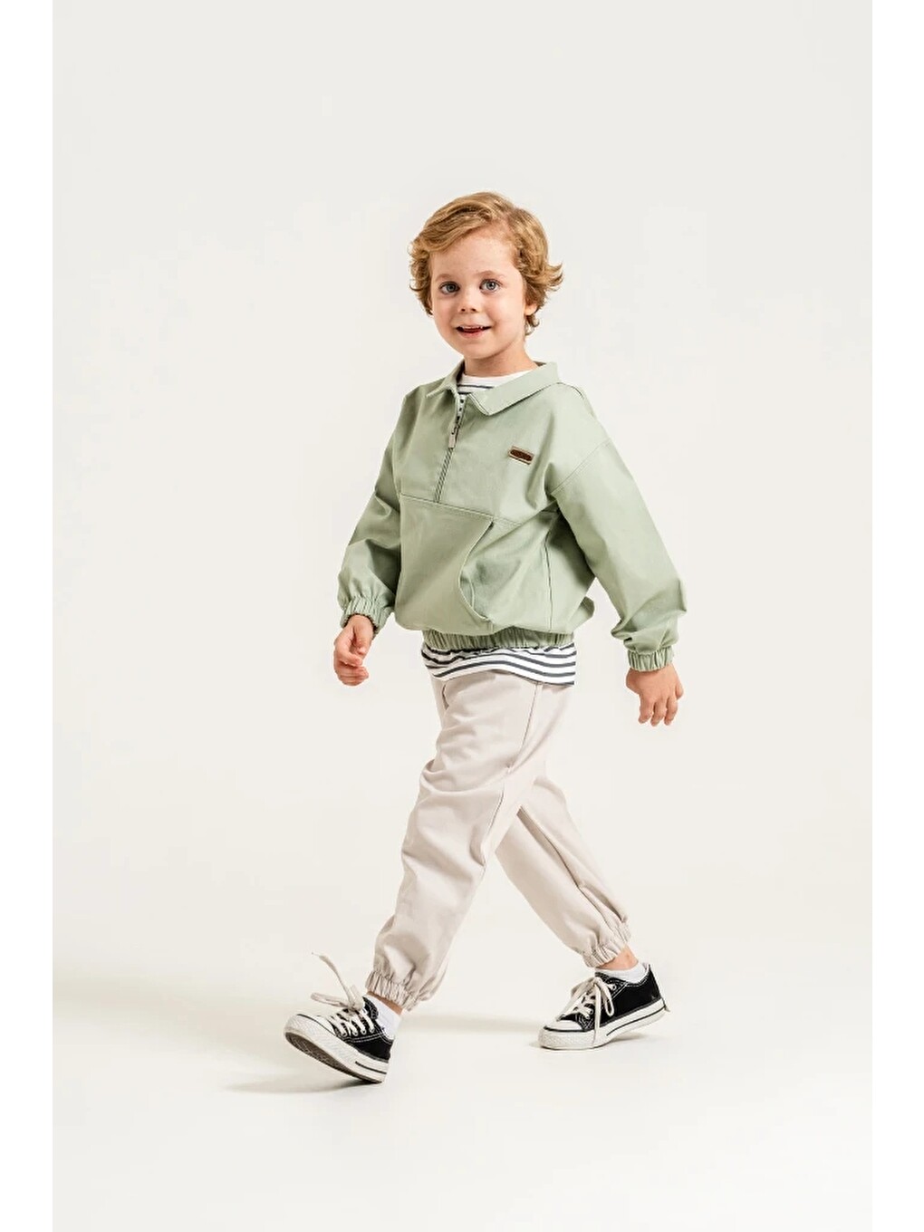 Yeşil Erkek Çocuk Yarım Fermuarlı Sweatshirt, Çizgili Tişört Ve Jogger Pantolon 3’lü Takım 9112-1