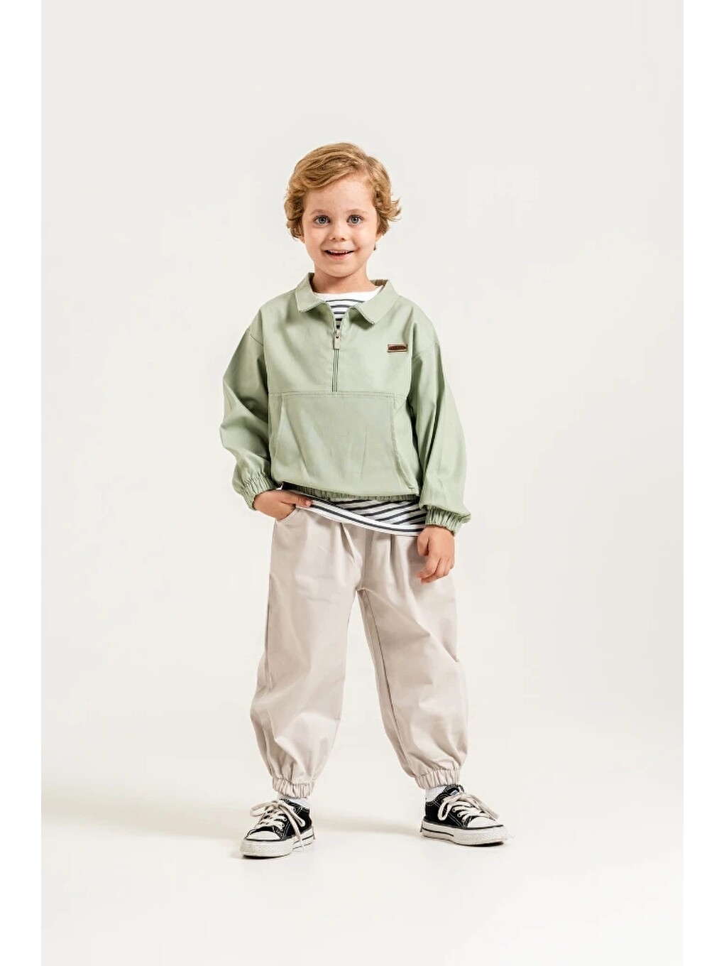 Yeşil Erkek Çocuk Yarım Fermuarlı Sweatshirt, Çizgili Tişört Ve Jogger Pantolon 3’lü Takım 9112