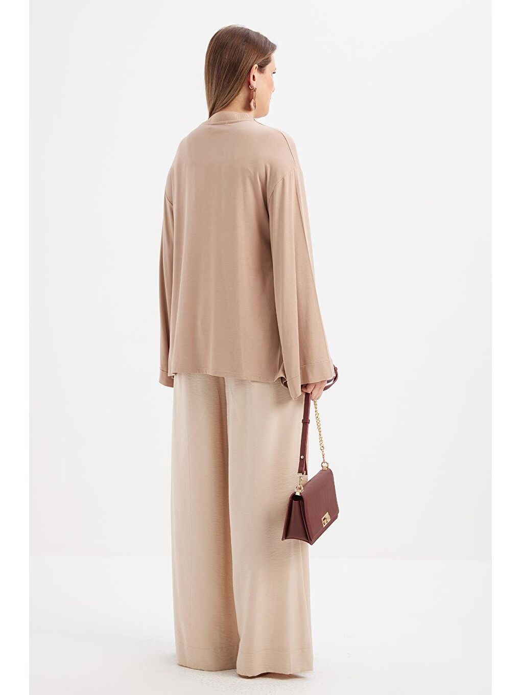 Bej Vizon-Yandan Yırtmaçlı Bağlama Detaylı Elastanlı Modal Tunik-2