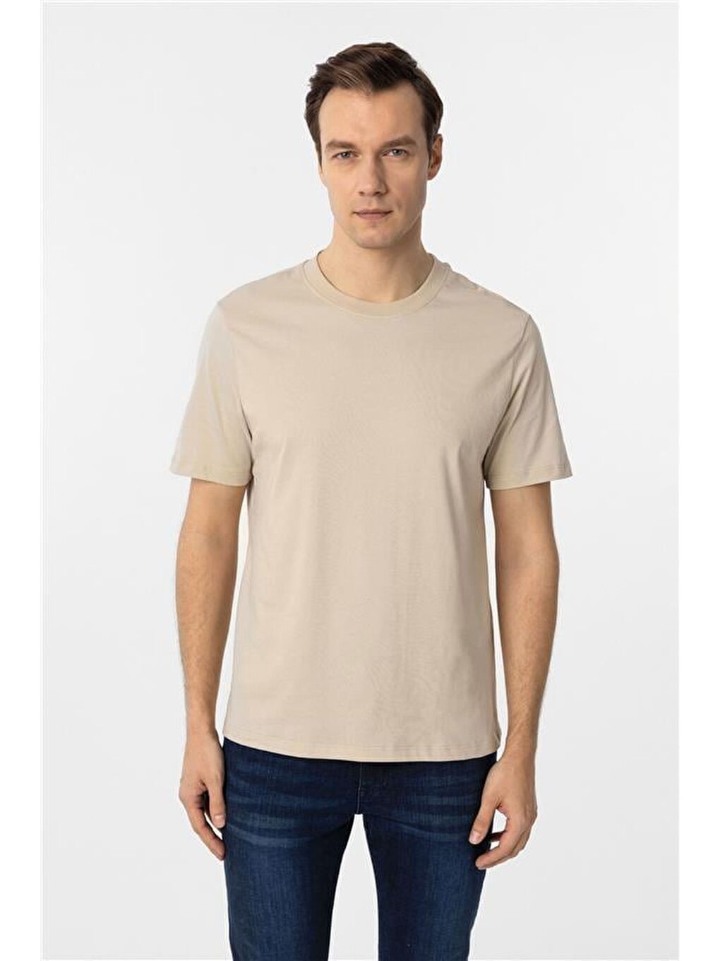 Bej Regular Düz Bisiklet Yaka Tişört