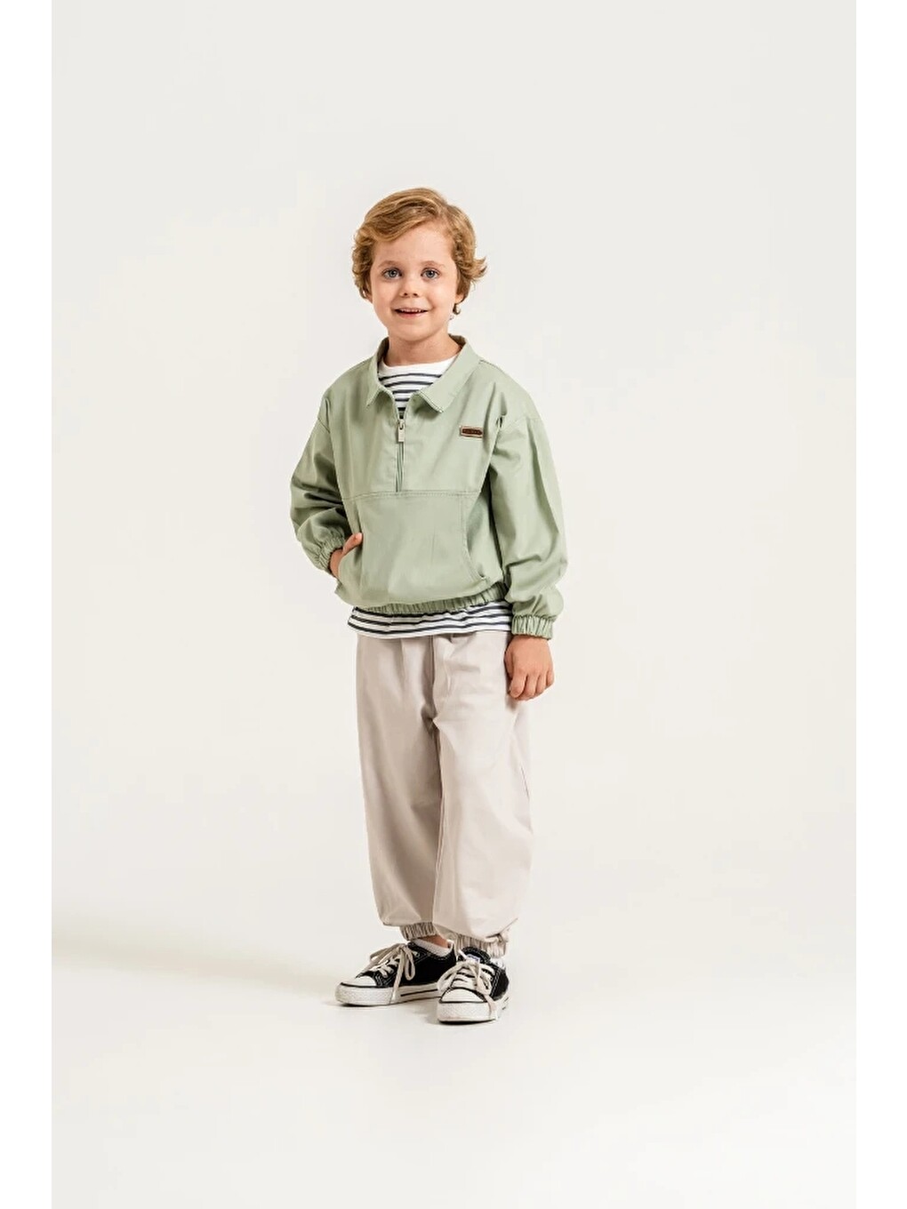 Yeşil Erkek Çocuk Yarım Fermuarlı Sweatshirt, Çizgili Tişört Ve Jogger Pantolon 3’lü Takım 9112-4