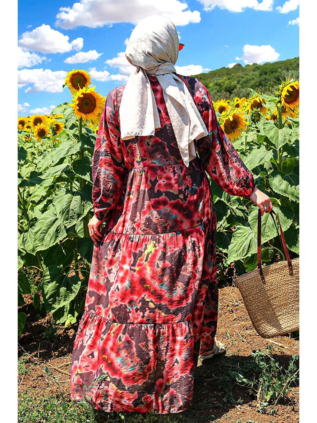 Bulut Desen Elbise Bordo-3