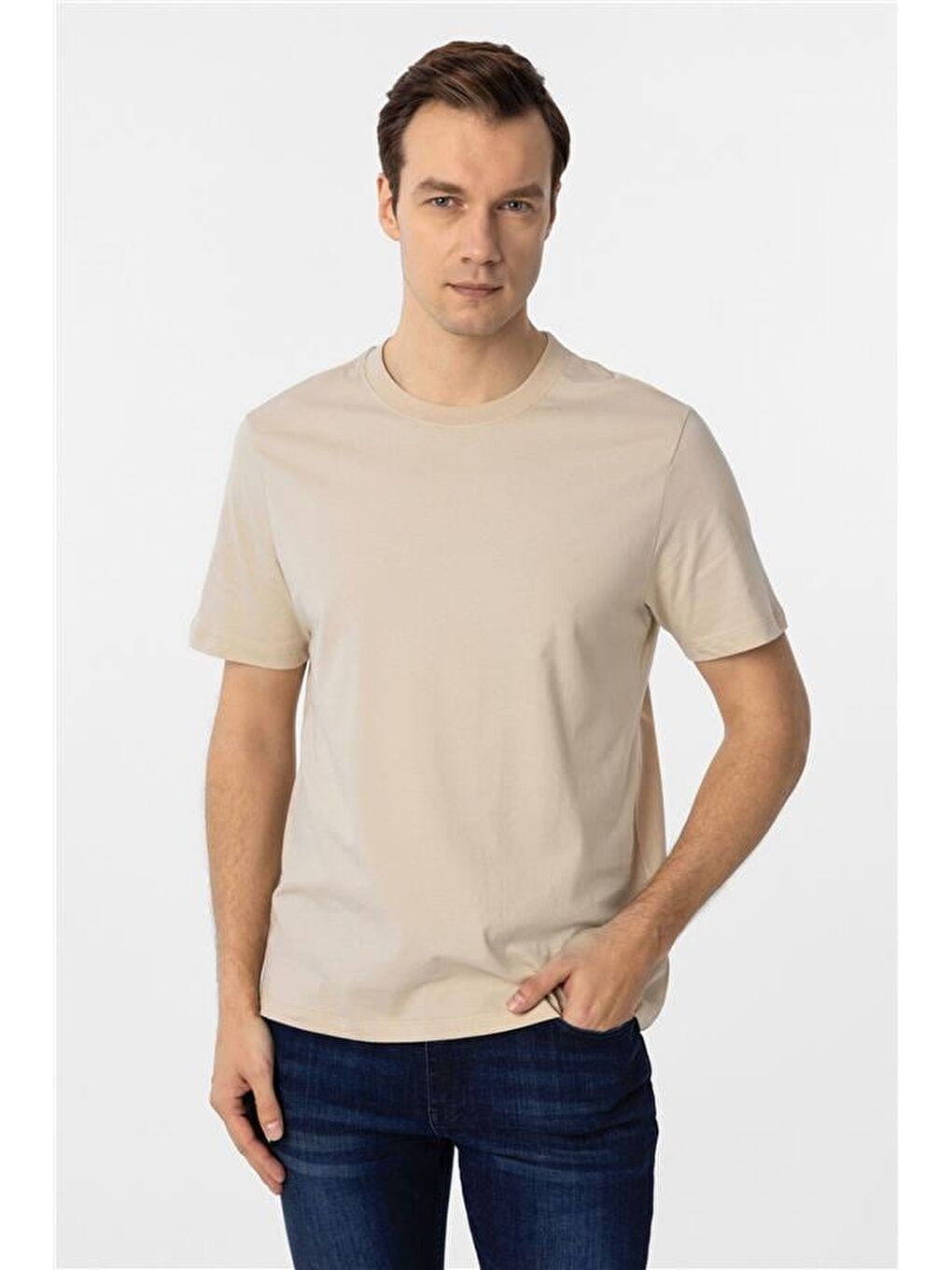 Bej Regular Düz Bisiklet Yaka Tişört-1
