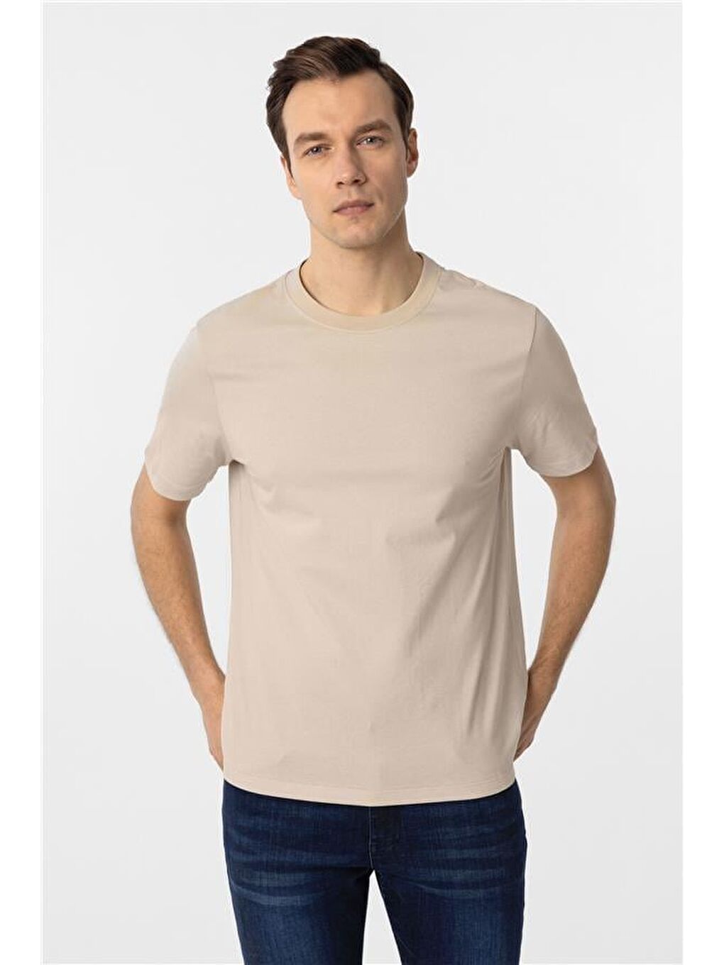 Bej Regular Düz Bisiklet Yaka Tişört-2