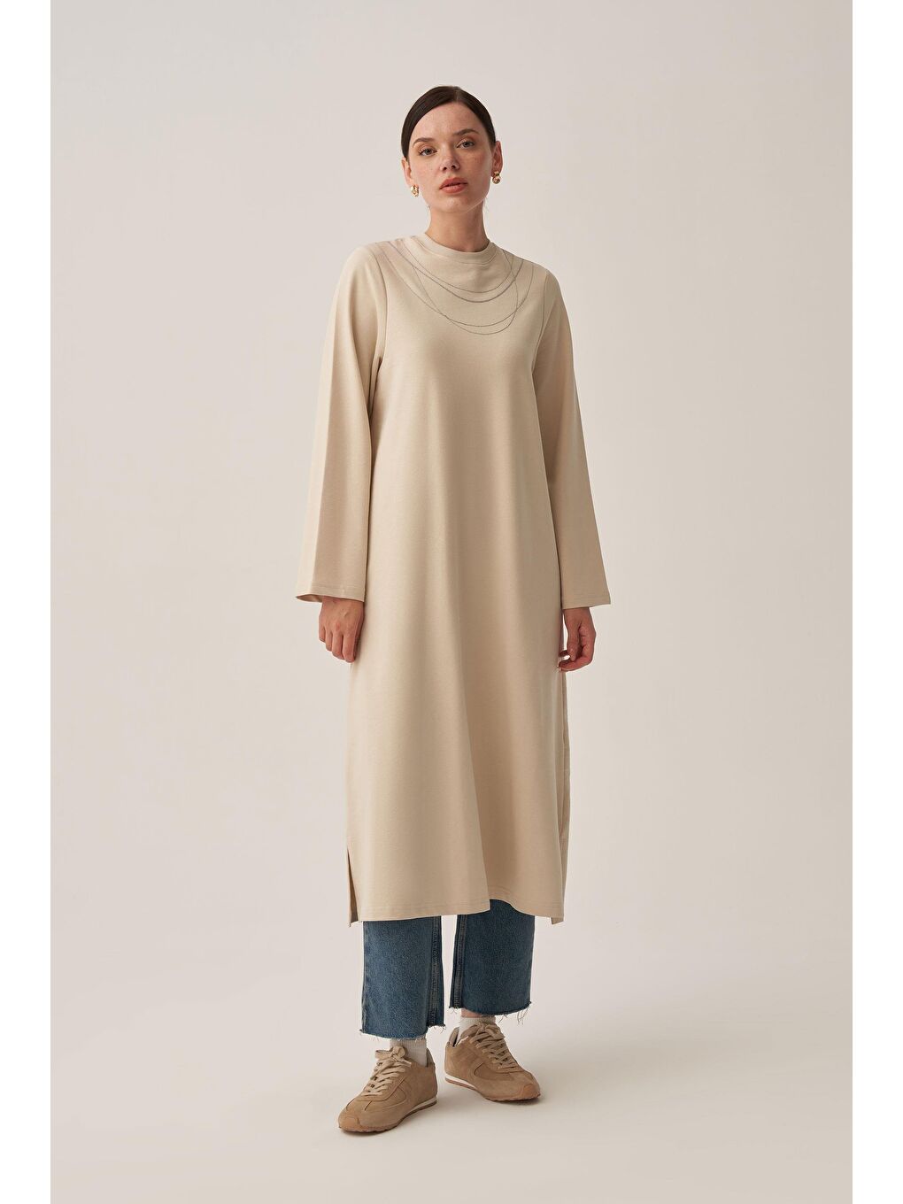 Bej Taş-Pamuklu Zincir İşlemeli Tunik