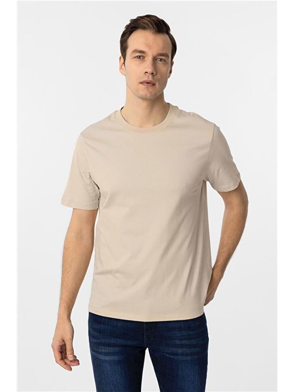 Bej Regular Düz Bisiklet Yaka Tişört-3