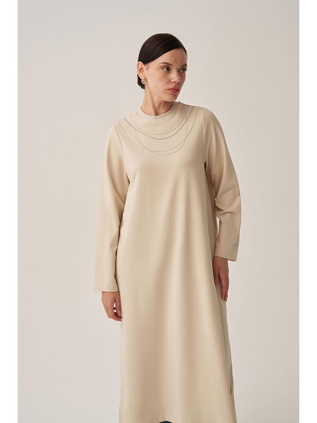 Bej Taş-Pamuklu Zincir İşlemeli Tunik-2