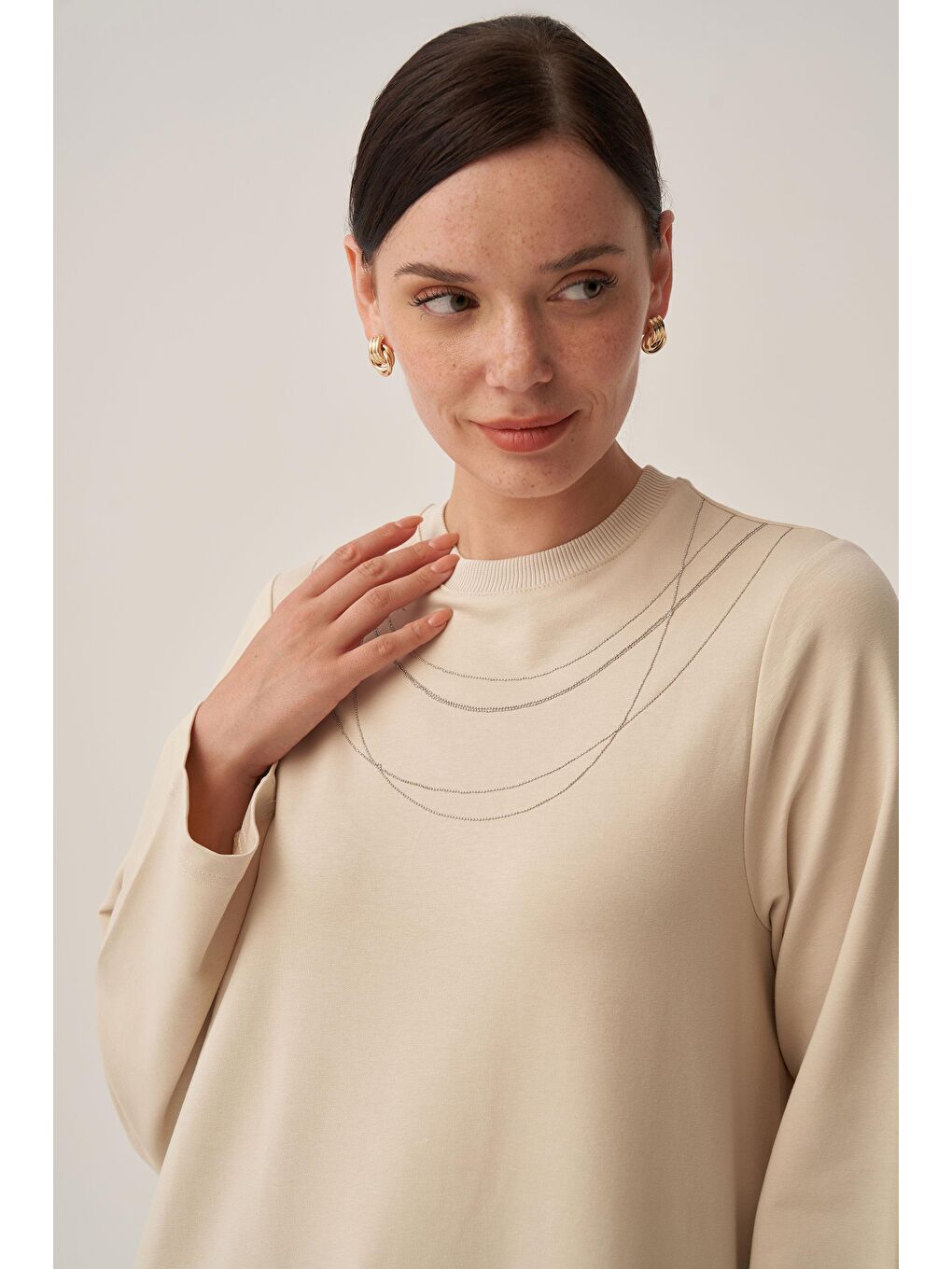 Bej Taş-Pamuklu Zincir İşlemeli Tunik-3