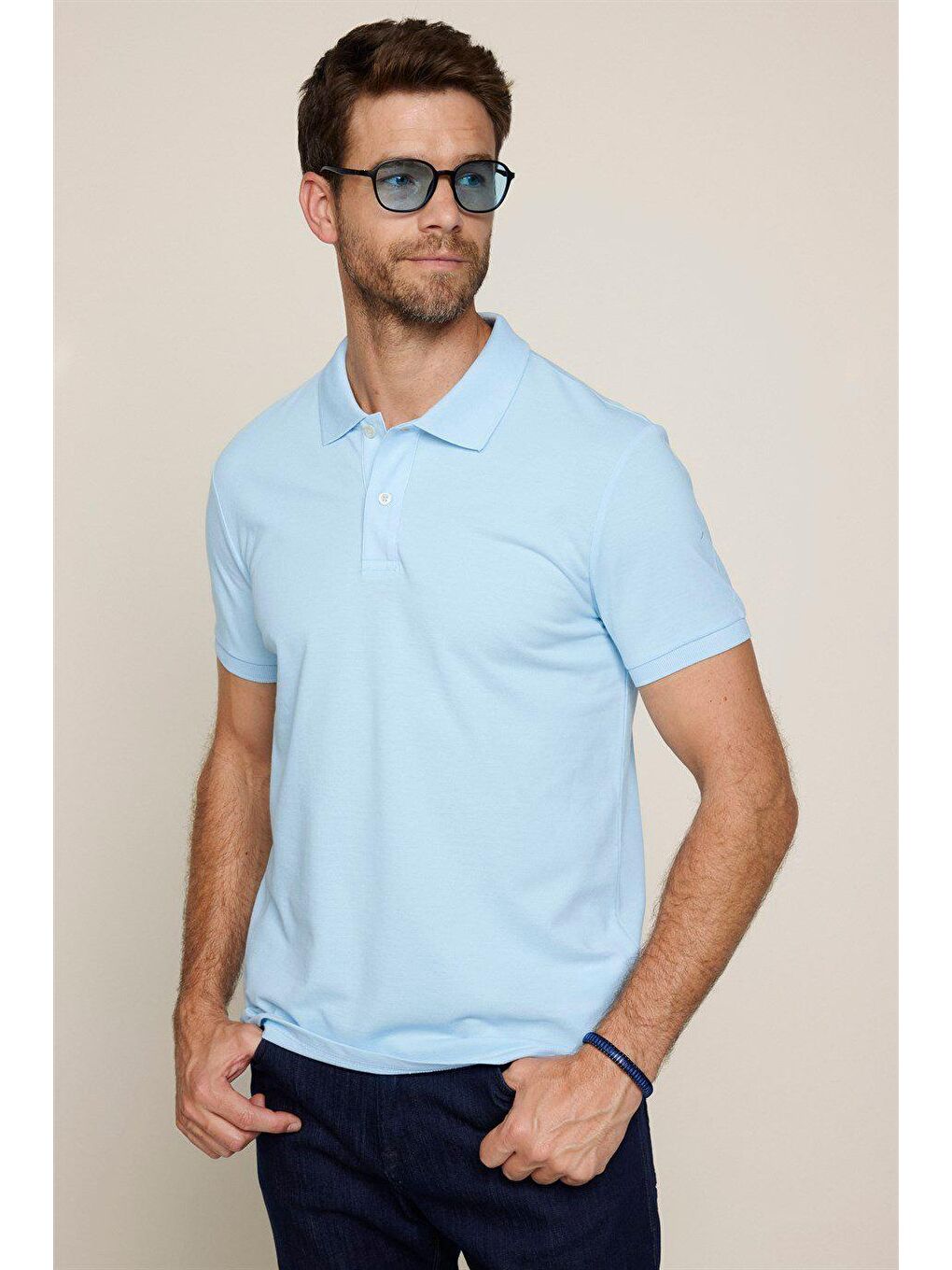 Erkek Slim Fit Dar Kesim %100 Pamuk Düz Pike Mavi Polo Yaka Tişört