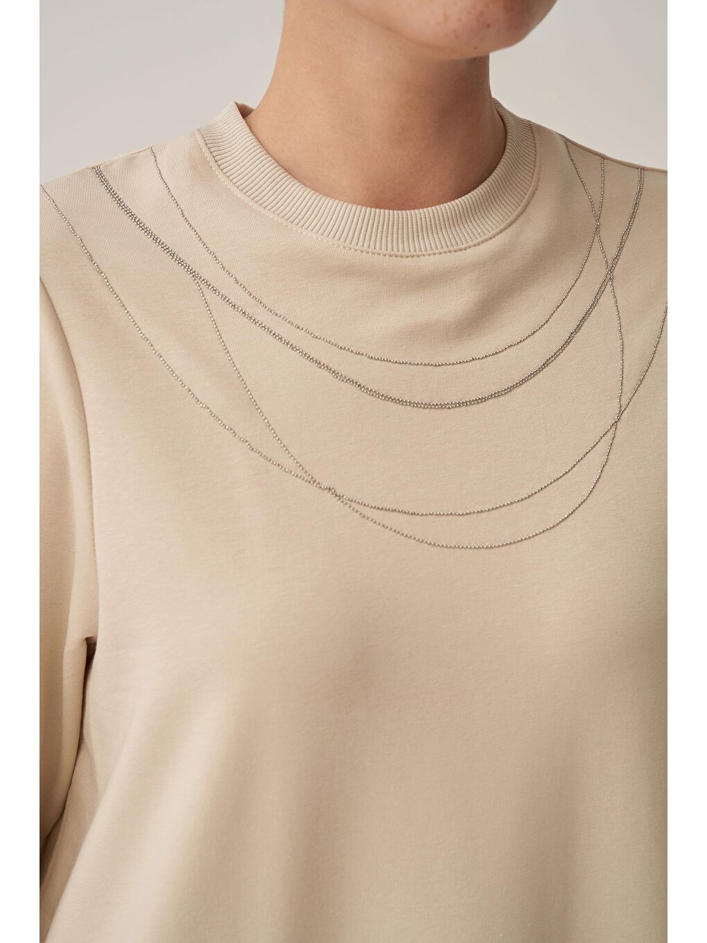 Bej Taş-Pamuklu Zincir İşlemeli Tunik-4