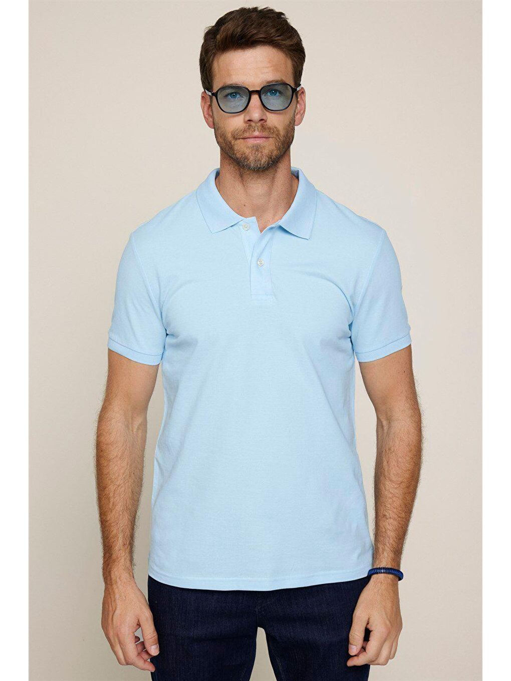 Erkek Slim Fit Dar Kesim %100 Pamuk Düz Pike Mavi Polo Yaka Tişört-1
