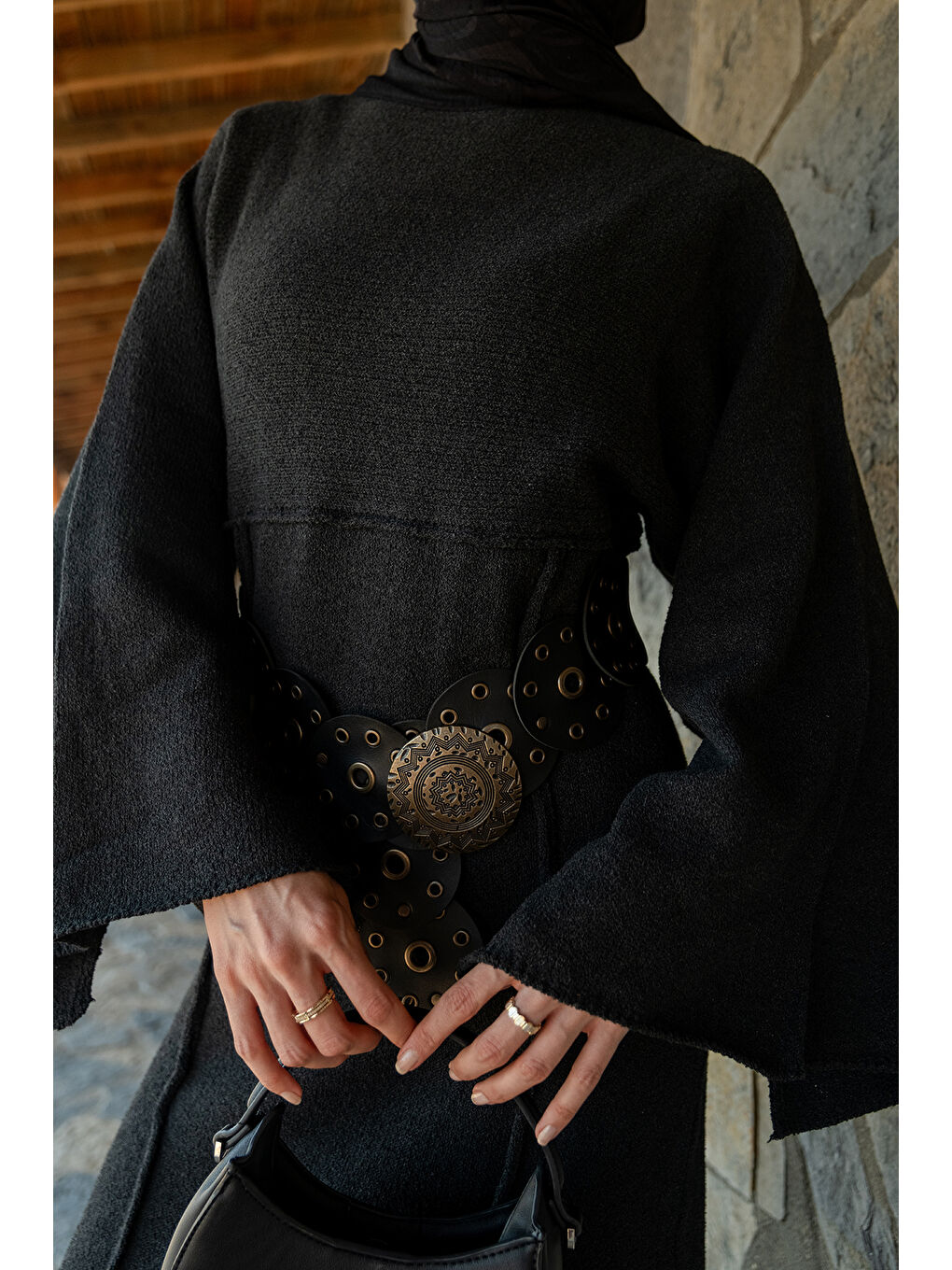 Kadın Kendinden Desenli Kraş Elbise Antrasit-4