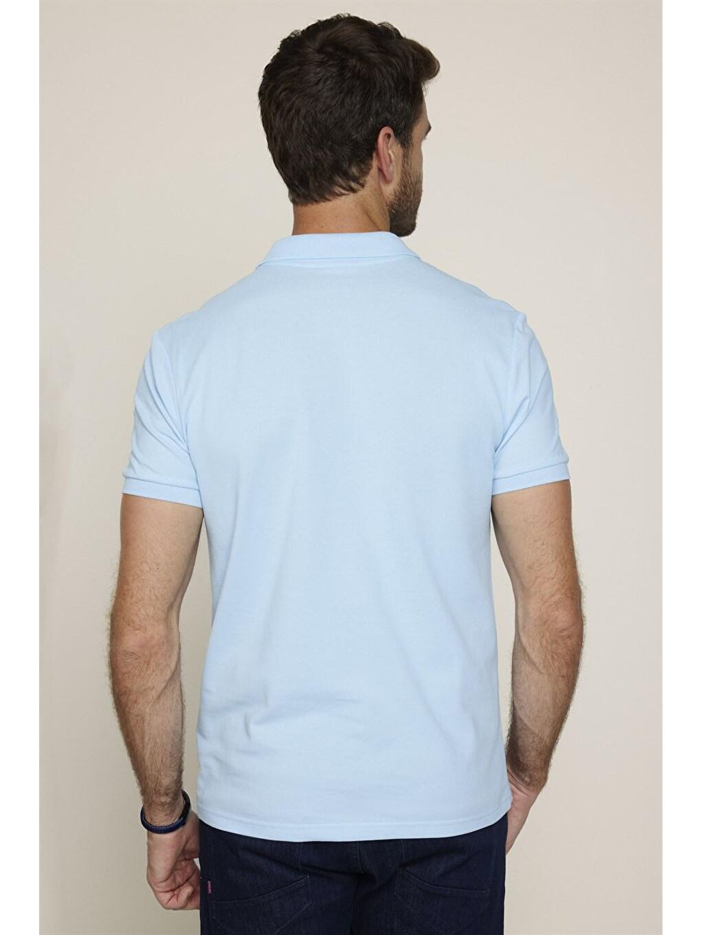 Erkek Slim Fit Dar Kesim %100 Pamuk Düz Pike Mavi Polo Yaka Tişört-4