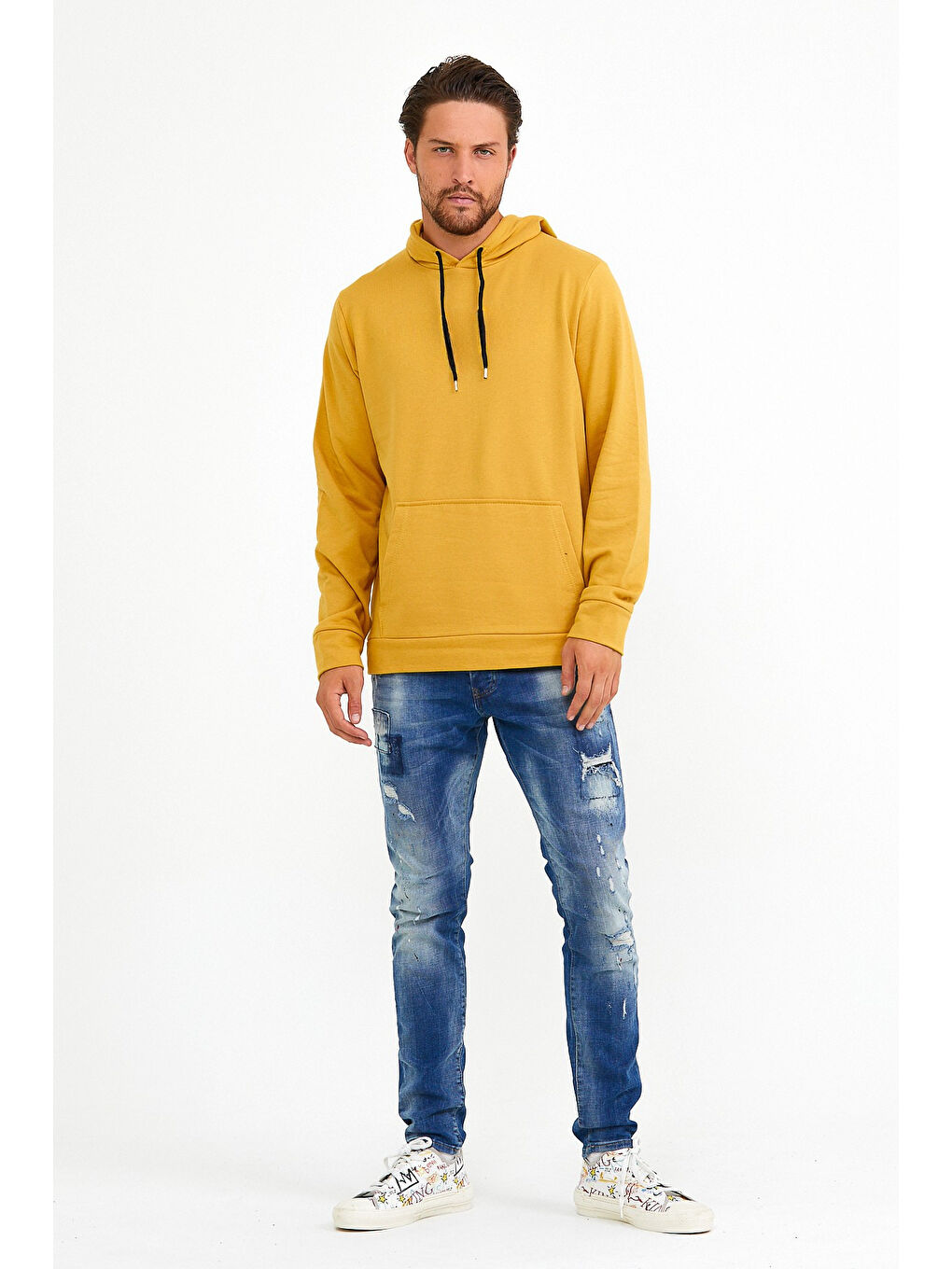 Sarı Kapüşonlu Standart Kalıp İçi Polarlı 3 İplik Erkek Büyük Beden Hoodie spr25sw55
